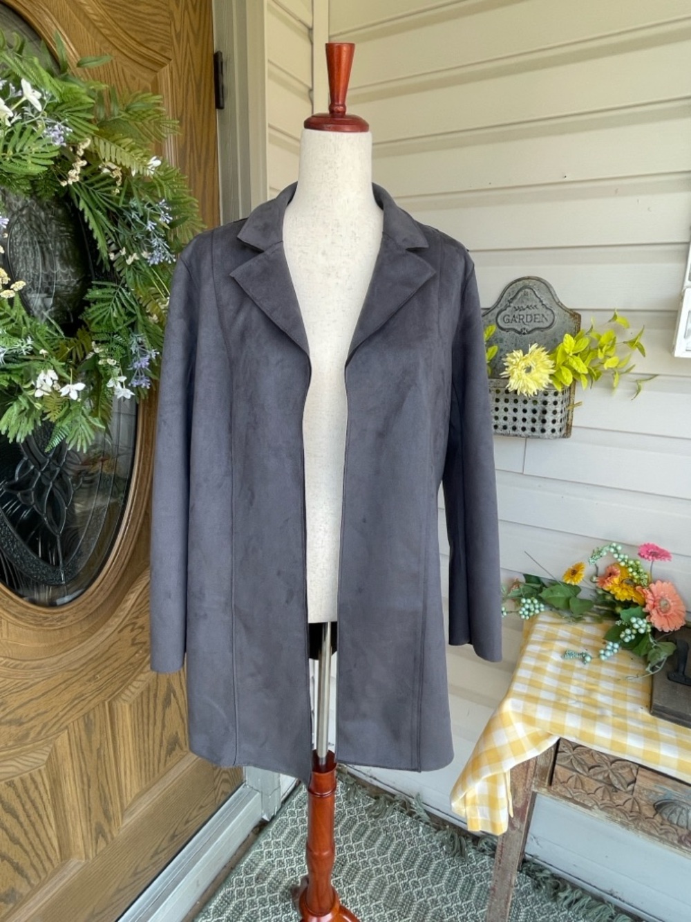 T Tahari Charcoal Open-Front Suede Jacket